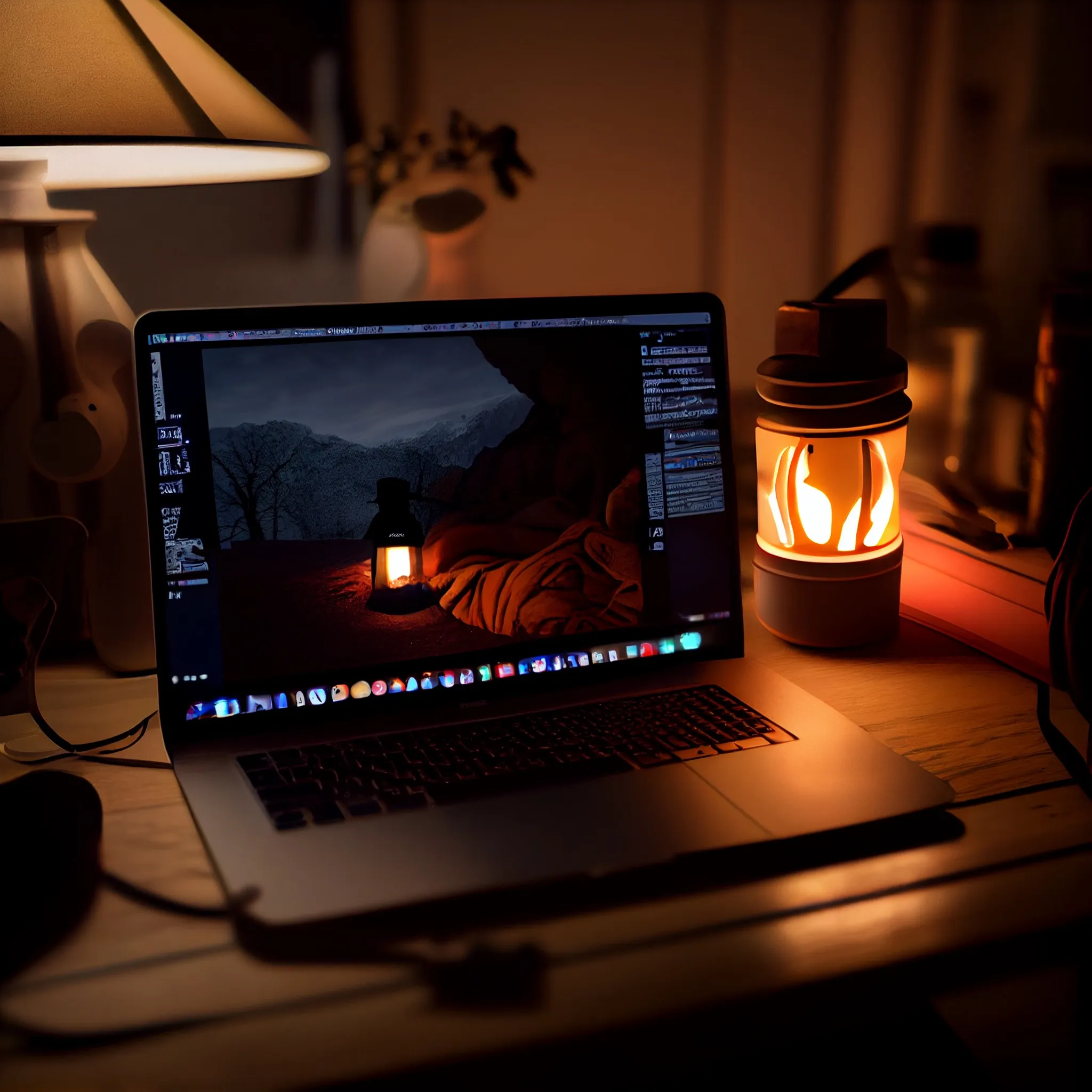 MacBook Pro abierto sobre un escritorio de madera iluminado por una lámpara