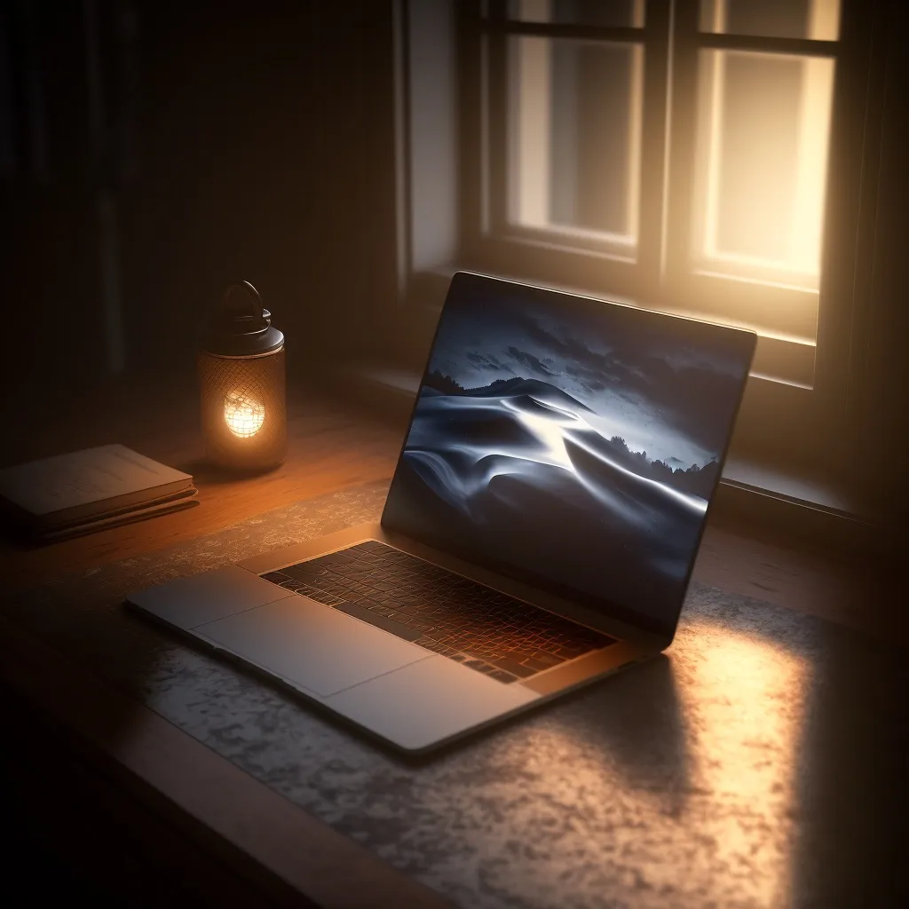 MacBook Pro sobre una mesa junto a una ventana al atardecer