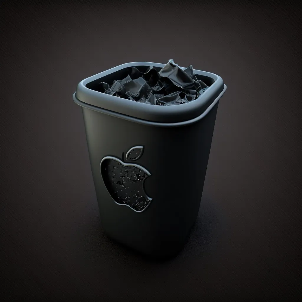 Papelera negra con el logotipo de la manzana, llena de papeles arrugados
